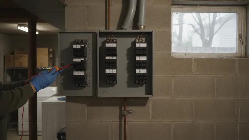 An open service panel during a heavy-up — the most quoted electrical job in the county Electrician work in Loudoun County, VA.